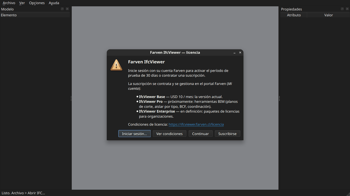 Captura animada: Farven IfcViewer abre un modelo IFC y muestra su árbol y propiedades